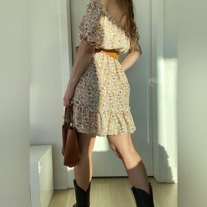 Liberty Love Pink/Yellow/Brown Floral Ruffle coquette stretch Mini Dress Size L